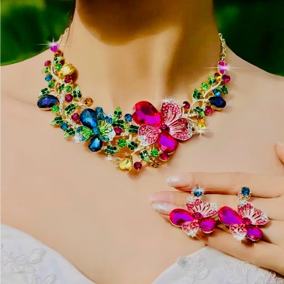 Floral Necklace & Earrings Set – Glass Mosaic & Alloy Brand new - Picture 4 of 7